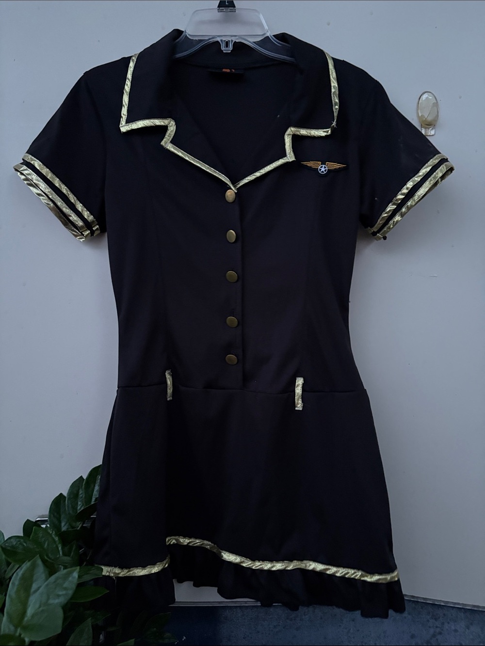 Black Short-Sleeve Dress Top with Gold Trim